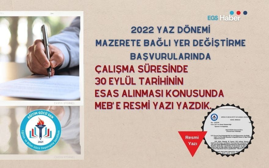 2022 Mazerete Bağlı Yer Değiştirme Başvurularında 30 Eylül Tarihi Esas Alınmalıdır.