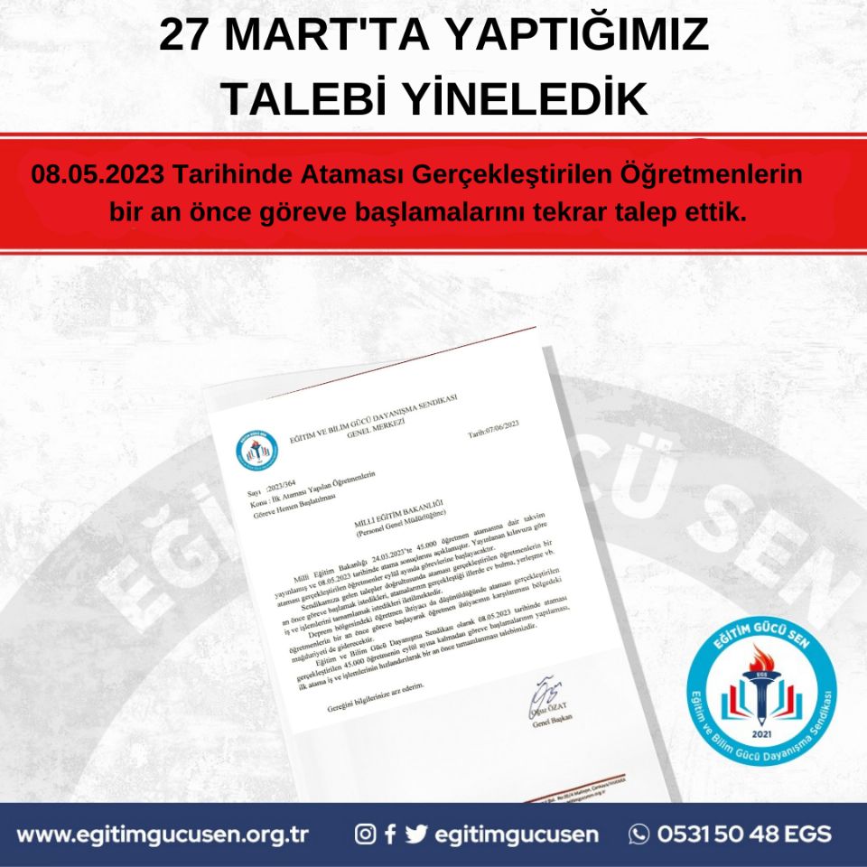 27 Martta Yaptığımız Talebi Yineledik
