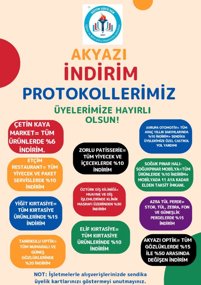 Akyazı İlçemizde Üyelerimize Özel Yaptığımız İndirim Protokollerimiz