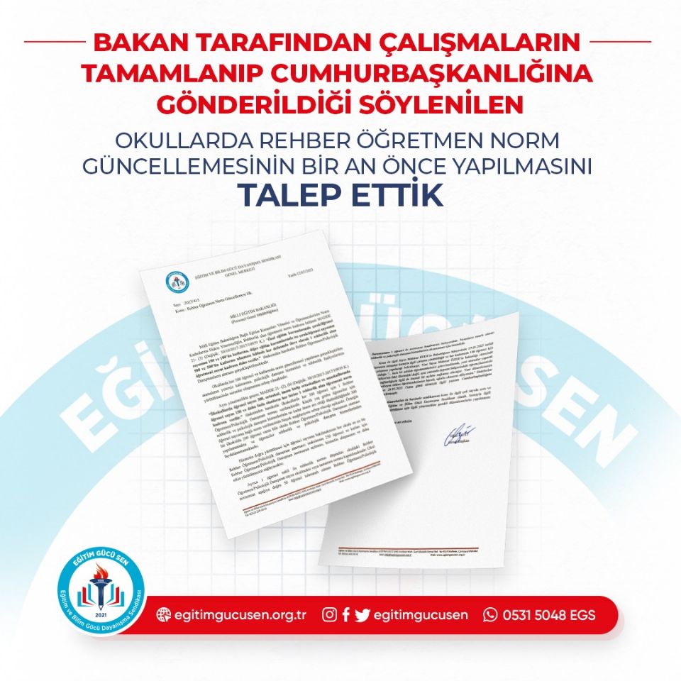 Bakan Tarafından Çalışmaların Tamamlanıp Cumhurbaşkanlığına Gönderildiği Söylenilen Okullarda Rehber Öğretmen Norm Güncellemesinin Bir An Önce Yapılmasını Talep Ettik