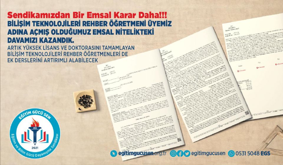Bilişim Teknolojileri Rehber Öğretmeni Üyemiz Adına Açmış Olduğumuz Emsal Nitelikteki Davamızı Kazandık!