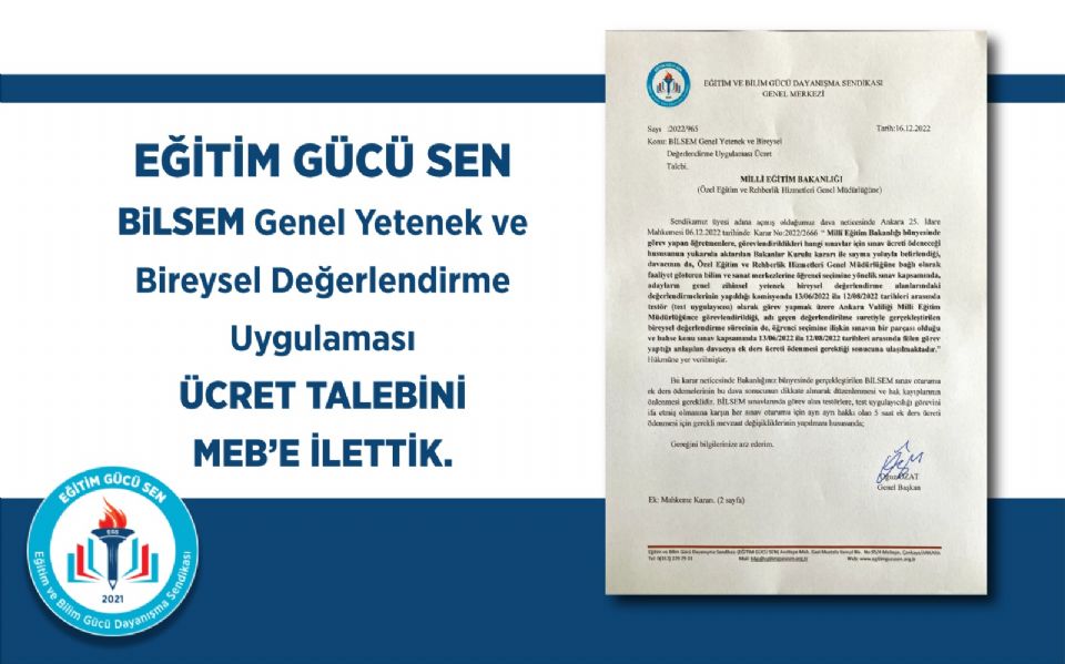 BİLSEM Genel Yetenek ve Bireysel Değerlendirme Uygulaması Ücret Talebini MEB'e İlettik 