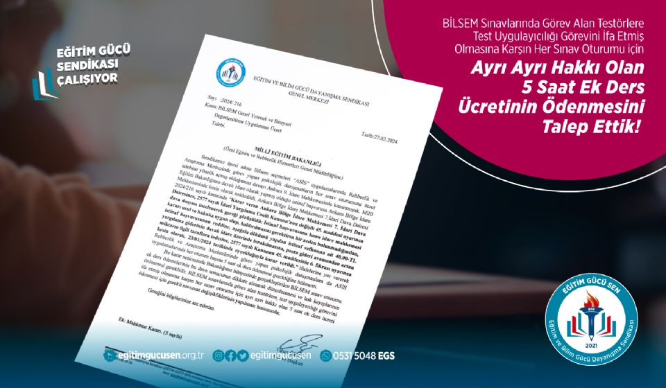 Bilsem Sınavlarında Görev Alan Testörlere, Test Uygulayıcılığı Görevini İfa Etmiş Olmasına Karşın Her Sınav Oturumu İçin Ayrı Ayrı Hakkı Olan 5 Saat Ek Ders Ücreti Ödenmesini Talep Ettik