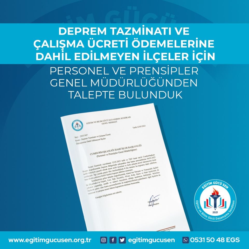 Deprem Tazminatı Ve Çalışma Ücreti  Ödemelerine Dahil 