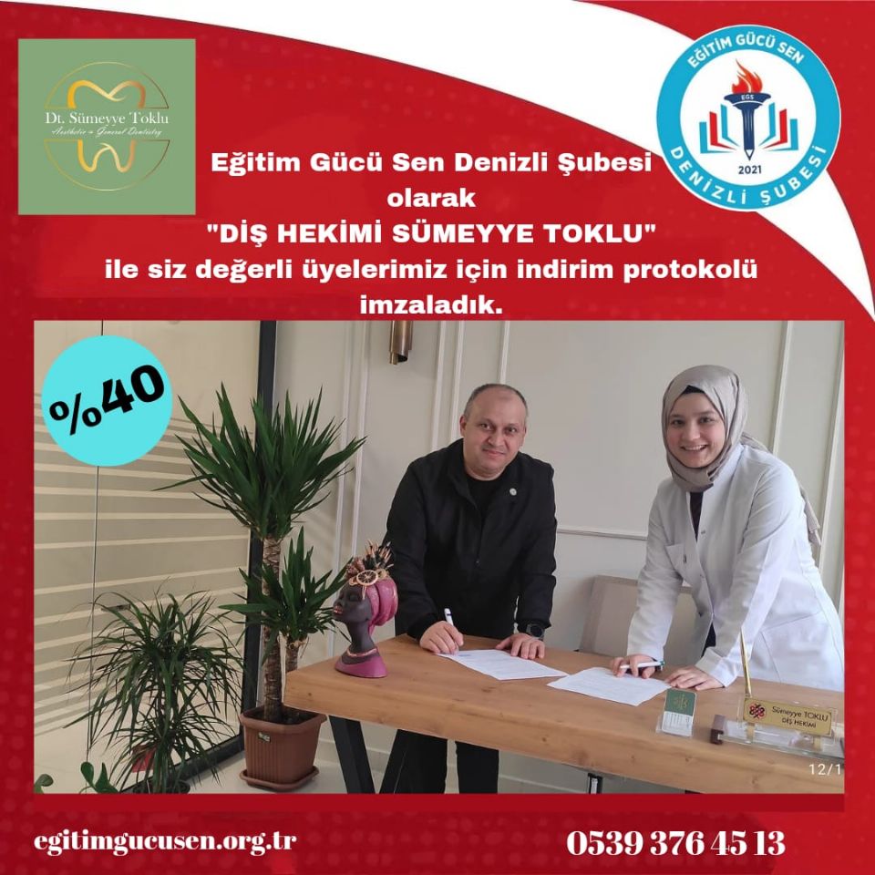 Diş Hekimi Sümeyye Toklu İle Siz Değerli Üyelerimiz Ve Birinci Derece Yakınlarını Kapsayan %40 Oranında İndirim Protokolü İmzaladık.