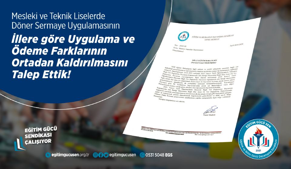 Mesleki ve Teknik Liselerde Döner Sermaye Uygulamasının İllere Göre Uygulama Ve Ödeme Farklılıklarının Ortadan Kalkmasını Talep Ettik