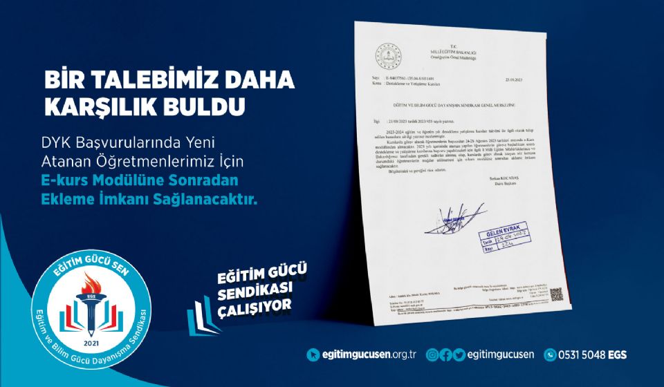 DYK Başvurularında Yeni Atanan Öğretmenlerimiz İçin E-Kurs Modülüne Sonradan Ekleme İmkanı Sağlanacaktır