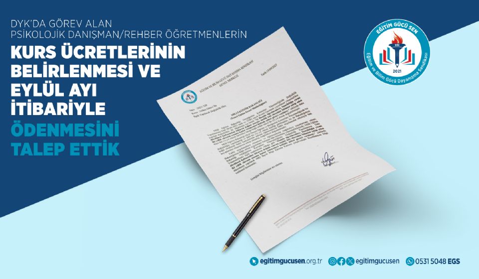 DYK'da Görev Alan Psikolojik Danışman/Rehber Öğretmenlerin Kurs Ücretlerinin Belirlenmesi ve Eylül Ayı İtibariyle Ödenmesini Talep Ettik