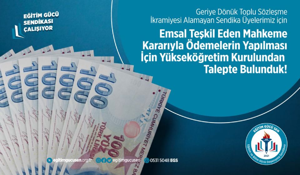 Geriye Dönük Toplu Sözleşme İkramiyesi Alamayan Sendika Üyelerimiz İçin Emsal Teşkil Eden Mahkeme Kararıyla, Ödemelerin Yapılması İçin Yükseköğretim Kurulundan Talepte Bulunduk