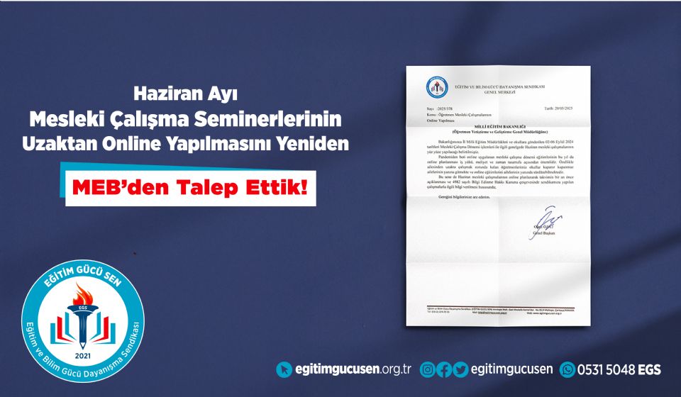 Haziran Ayı Mesleki Çalışma Seminerlerinin Uzaktan Online Yapılmasını Yeniden Meb'den Talep Ettik! Haziran Ayı Mesleki Çalışma Seminerlerinin Uzaktan Online Yapılmasını Yeniden Meb'den Talep Ettik!