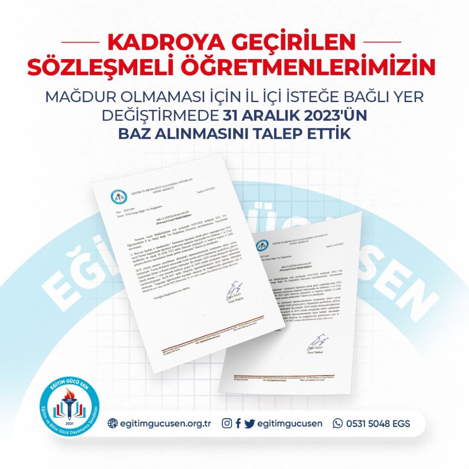 Kadroya Geçirilen Sözleşmeli Öğretmenlerimizin Mağdur Olmaması İçin İl İçi İsteğe Bağlı Yer Değiştirmede 31 Aralık 2023'ün Baz Alınmasını Talep Ettik
