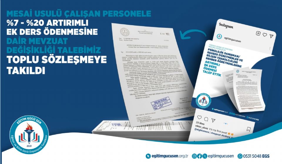 Mesai Usulü Çalışan Personele %7 - %20 Artırımlı Ek Ders Ödenmesi Ne Dair Mevzuat Değişikliği Talebimiz Toplu Sözleşmeye Takıldı