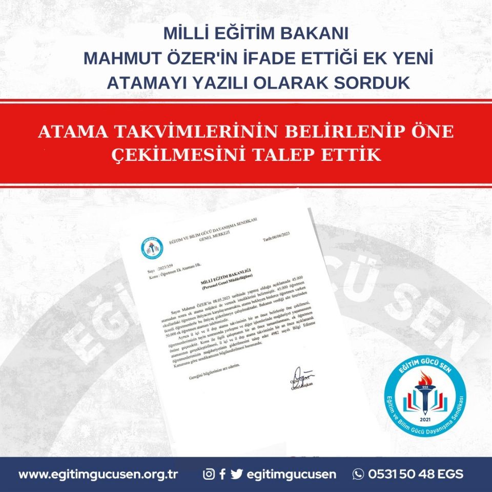  ''Milli Eğitim Bakanı Mahmut Özer'in İfade Ettiği Ek Yeni Atamayı Yazılı Olarak Sorduk 