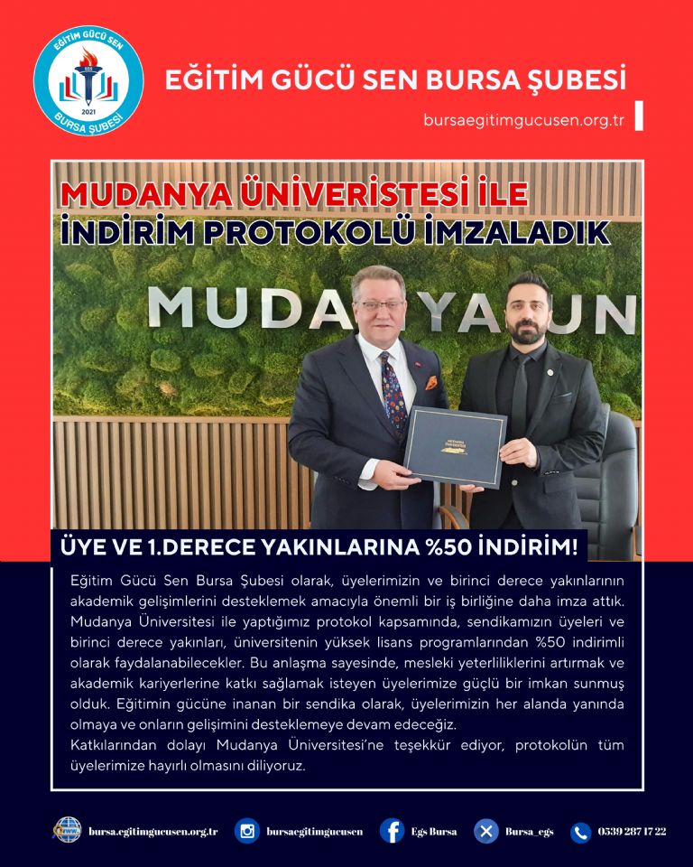 Mudanya Üniversitesi İle Üyelerimiz İçin %50 İndirimli Yüksek Lisans Protokolü İmzaladık! Mudanya Üniversitesi İle Üyelerimiz İçin %50 İndirimli Yüksek Lisans Protokolü İmzaladık!