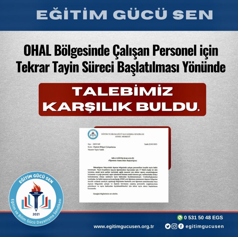 Ohal Bölgesinde Görevli Personel İçin Tekrar Tayin Talebimiz Karşılık Buldu Ohal Bölgesinde Görevli Personel İçin Tekrar Tayin Talebimiz Karşılık Buldu