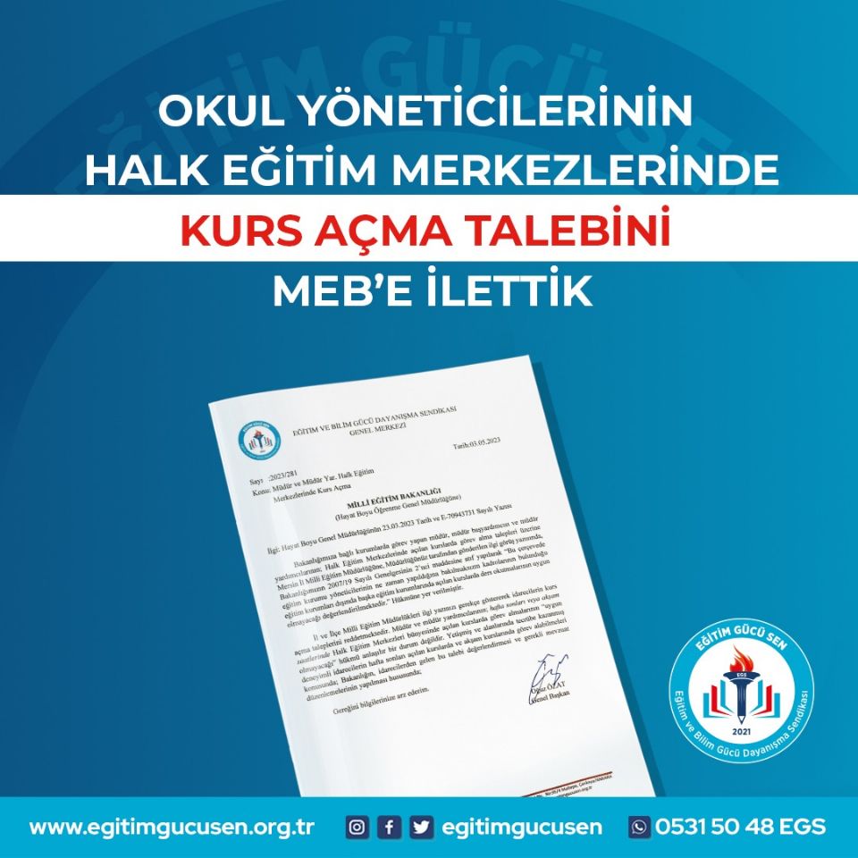 Okul Yöneticilerinin Halk Eğitim Merkezlerinde Kurs Açma Talebini MEB'e İlettik