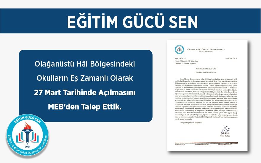 Olağanüstü Hâl Bölgesindeki Okulların Eş Zamanlı Olarak 27 Mart Tarihinde Açılmasını MEB'den Talep Ettik