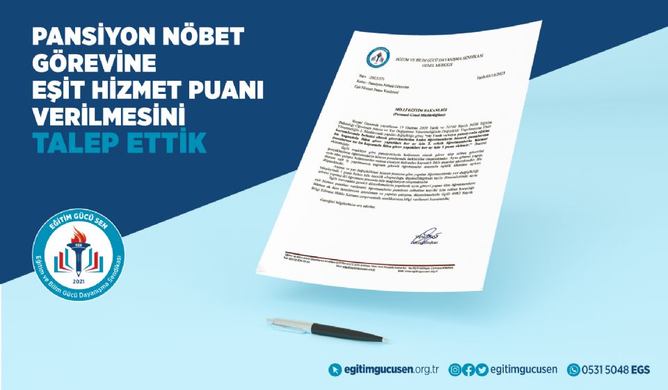 Pansiyon Nöbeti Görevine Eşit Hizmet Puanı Verilmesni Talep Ettik