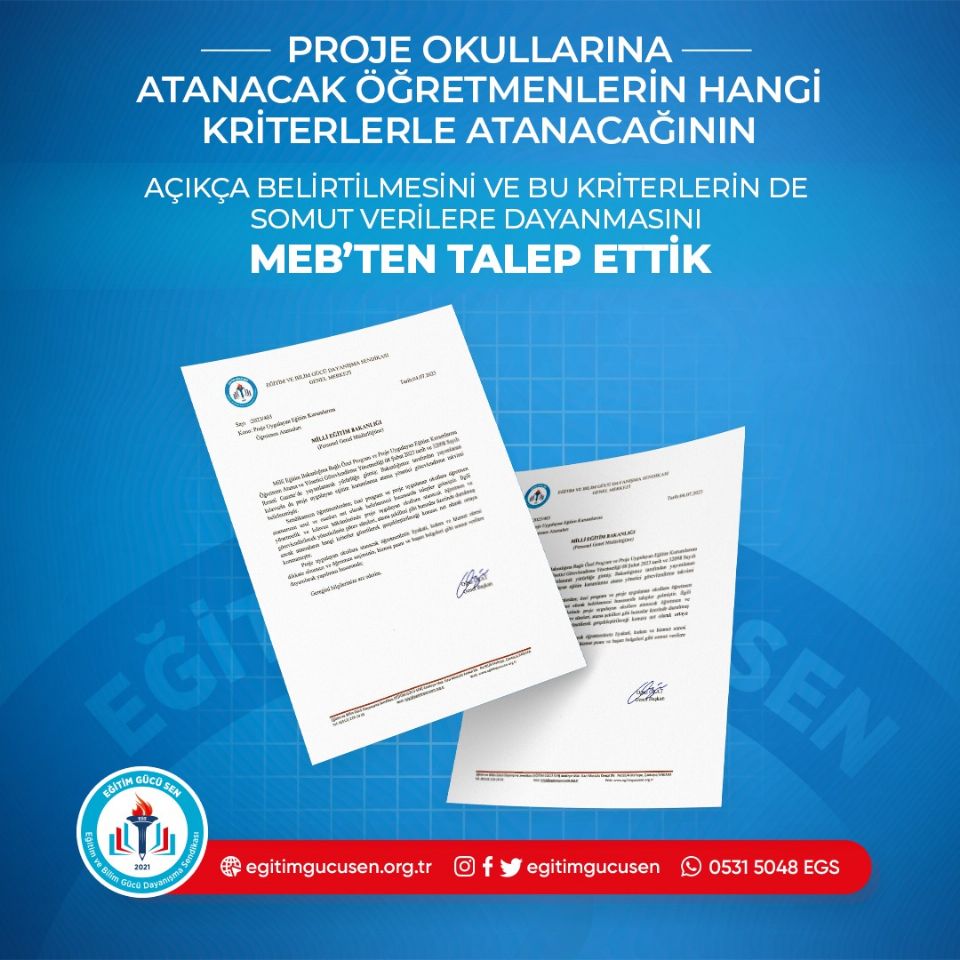 Proje Okullarına Atanacak Öğretmenlerin Hangi Kriterlerle Atanacağının Açıkça Belirtilmesini Ve Bu Kriterlerin  Somut Verilere Dayanmasını Meb'ten Talep Ettik