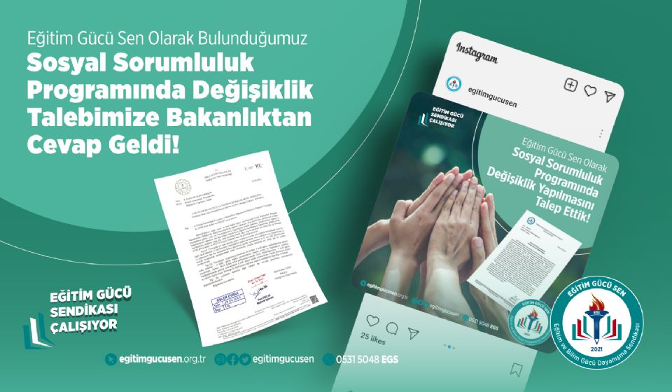 Sosyal Sorumluk Programında Değişiklik Talebimize Bakanlıktan Cevap Geldi