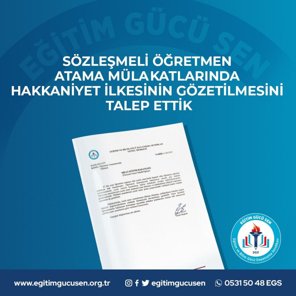 Sözleşmeli Öğretmen Atama Mülakatlarında Hakkaniyet İlkesinin Gözetilmesini Talep Ettik