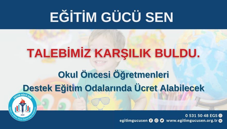 TALEBİMİZ KARŞILIK BULDU : Okul Öncesi Öğretmenleri Destek Eğitim Odalarında Ücret Alabilecek