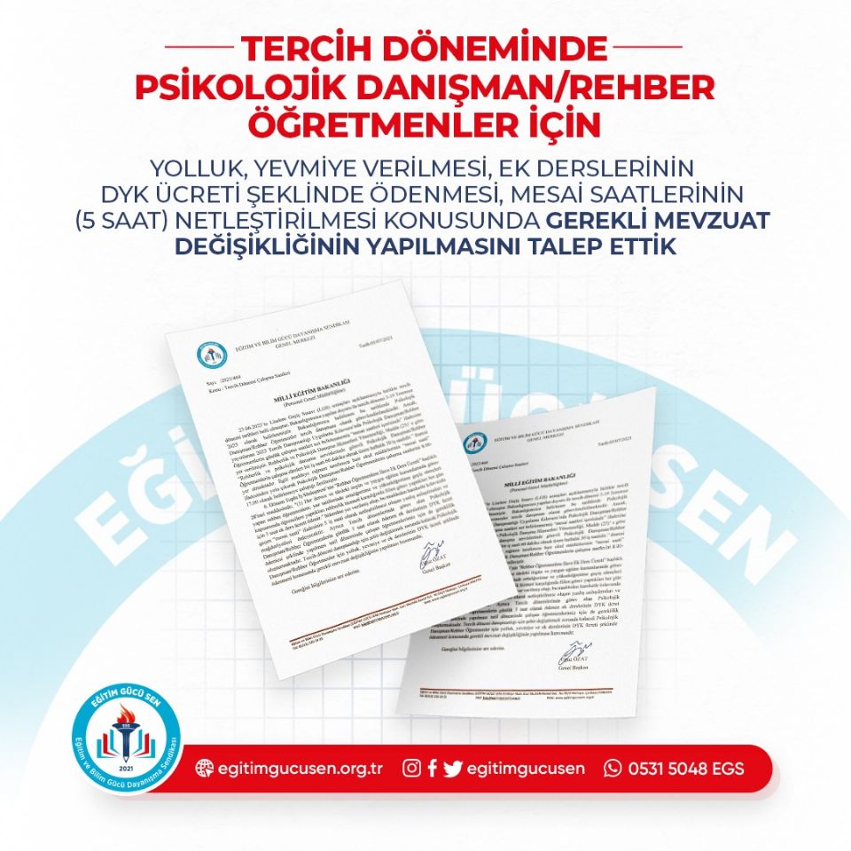 Tercih Döneminde Psikolojik Danışman/rehber Öğretmenler İçin Yolluk, Yevmiye Verilmesi,ek Derslerinin Dyk Ücreti Şeklinde Ödenmesi, Mesai Saatlerinin (5 Saat) Netlestirilmesi Konusunda Gerekli Mevzuat Değişikliğinin Yapılmasını Talep Ettik