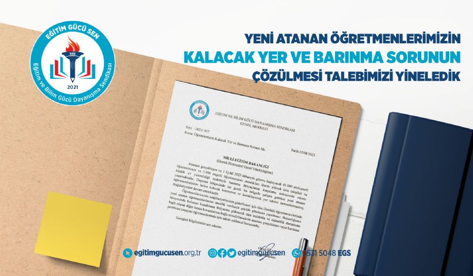 Yeni Atanan Öğretmenlerimizin Kalacak Yer Ve Barınma Sorunun Çözülmesi Talebimizi Yineledik