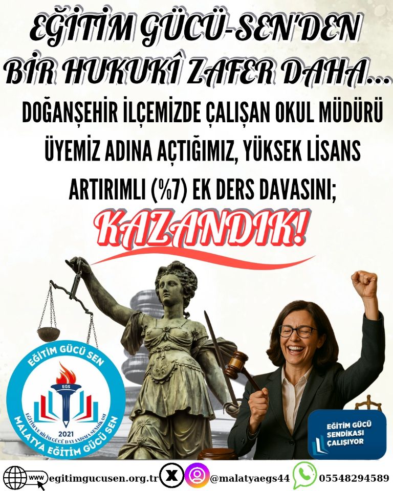 Yüksek Lisans Yapan Okul Müdürü Üyemiz Adına Açtığımız %7 Artırımlı Ek Ders Davasını Kazandık! Yüksek Lisans Yapan Okul Müdürü Üyemiz Adına Açtığımız %7 Artırımlı Ek Ders Davasını Kazandık!