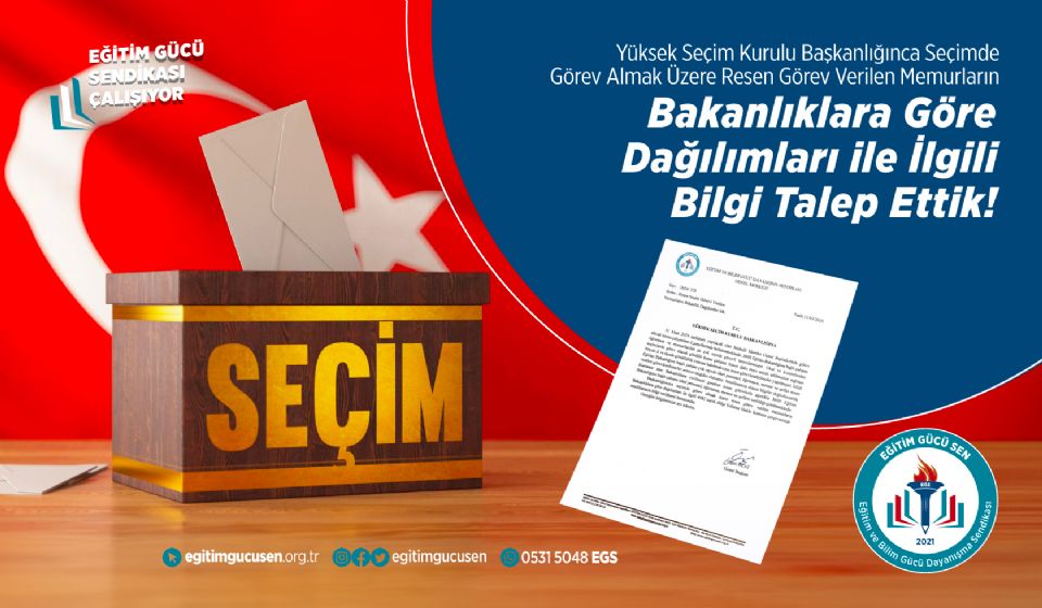 Yüksek Seçim Kurulu Başkanlığınca Seçimde Görev Almak Üzere Resen Görev Verilen Memurların Bakanlıklara Göre Dağılımları İle İlgili Bilgi Talep Ettik