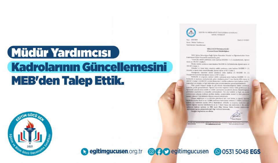 Müdür Yardımcısı Kadrolarının Güncellenmesini MEB'den Talep Ettik.