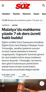 Malatya’da Mahkeme Yüzde 7 Ek Ders Ücretini Haklı Buldu!
