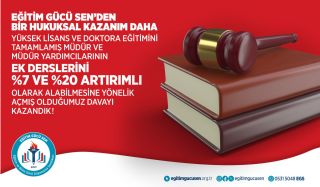 Yüksek Lisans Ve Doktora Eğitimini Tamamlamış Müdür Ve Müdür Yardımcılarının Ek Derslerini %7 Ve %20 Artırımlı Olarak Alabilmesine Yönelik Açmış Olduğumuz Davayı Kazandık